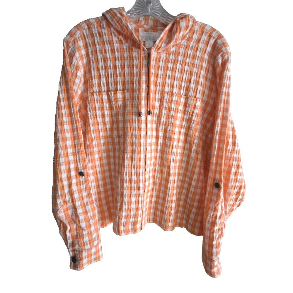 Christopher & Banks Seersucker‑Style Hooded Full Zip Jacket Textured Check S